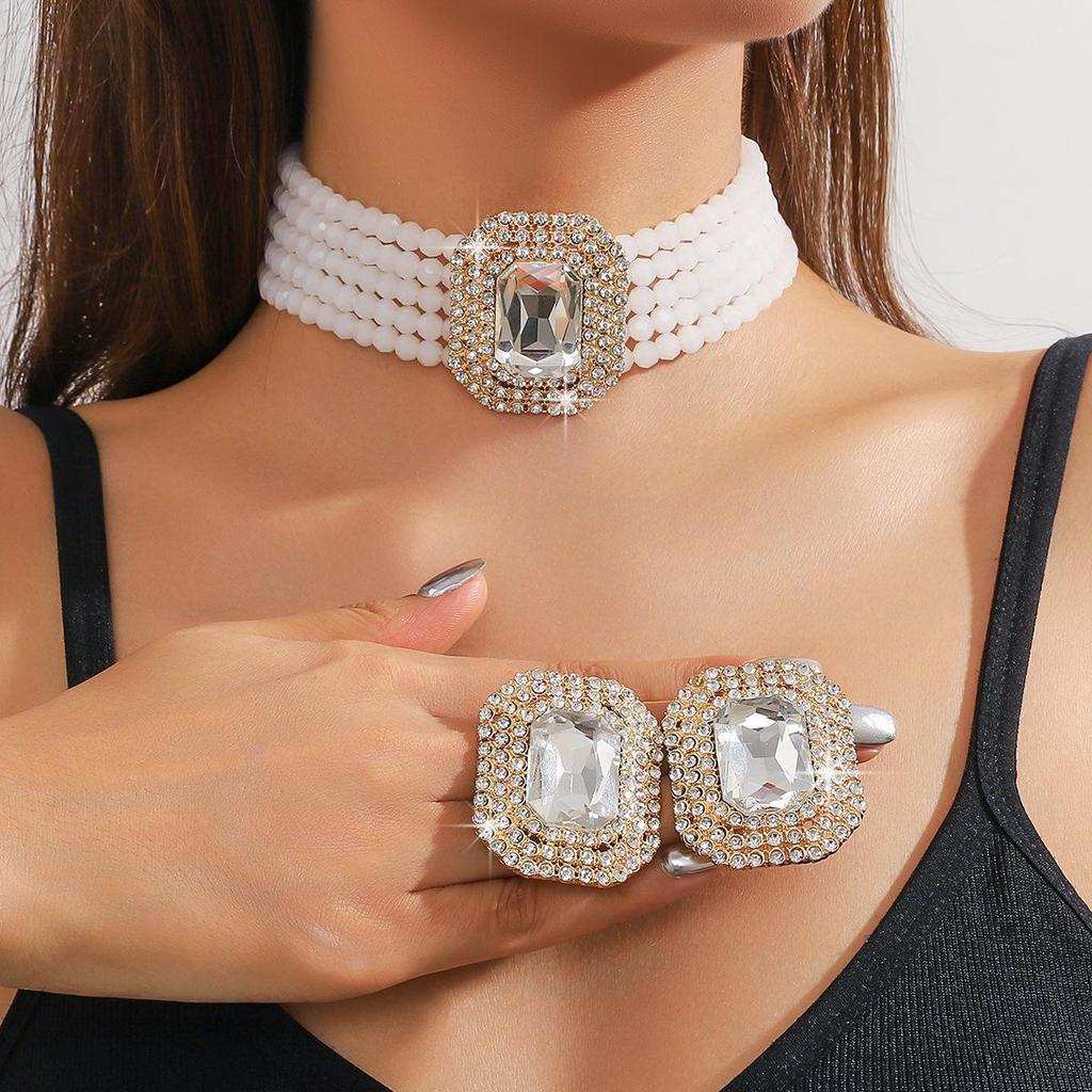 Set Colier Choker Geometric Rectangular din Sticlă de Cristal Multistrat de Lux și Cercei