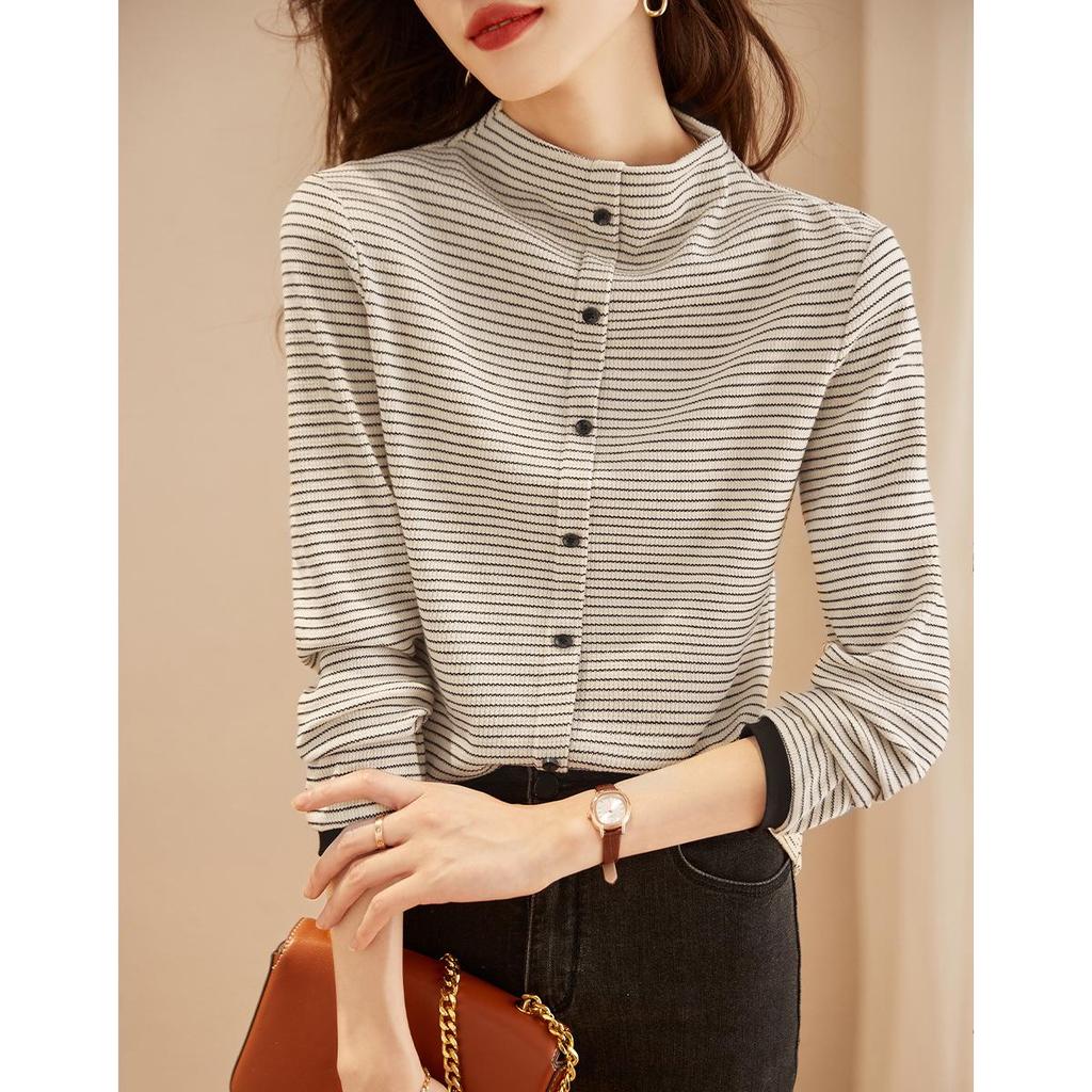 Women's 2023 Winter Color-Block Striped Semi-High Neck Long Sleeve Base Layer Top