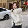 Womens Short Puffer Jacket With Oversized Faux Fur Collar Warm White Duck Down Winter Coat Loose Fit Hooded