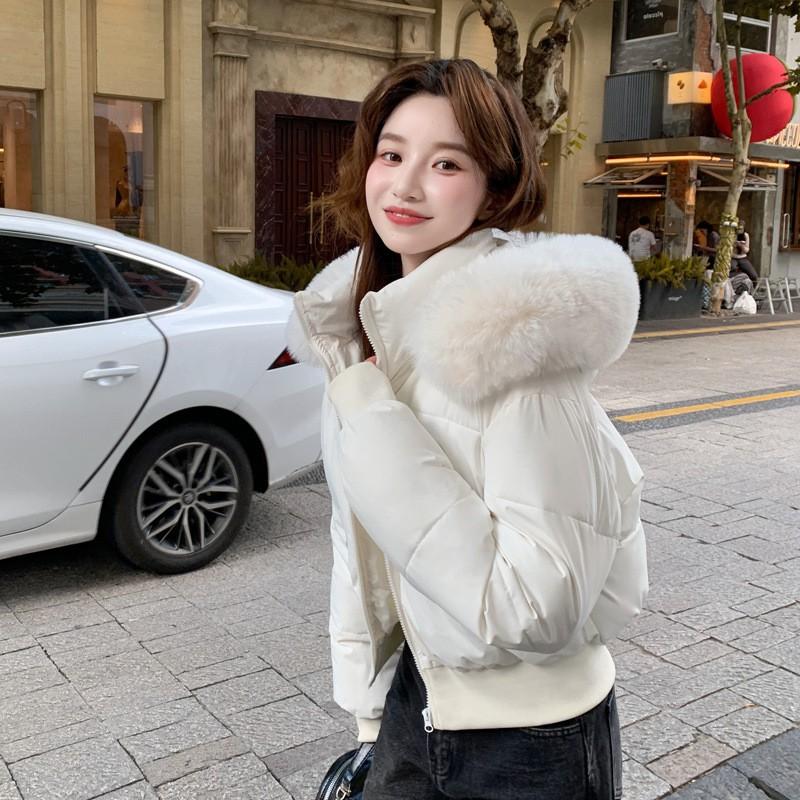 Womens Short Puffer Jacket With Oversized Faux Fur Collar Warm White Duck Down Winter Coat Loose Fit Hooded