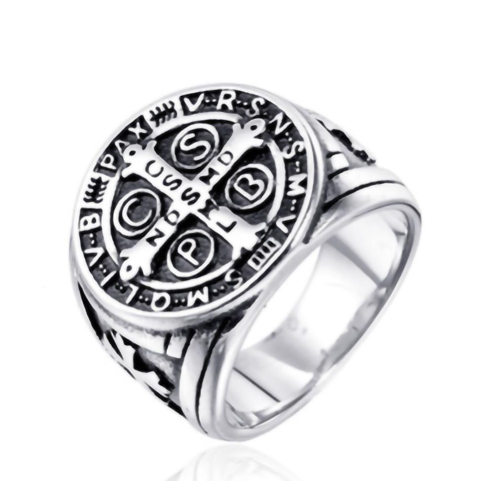 

Saint Benedict Cross Ring Antique Silver Plated Catholic Exorcism Jewelry Gift for Men Church Religious 7