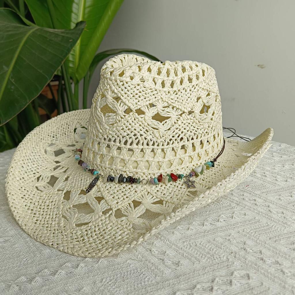 2026straw New cowboy hat women'shollow woven cowboy straw hat retro elegant western cowboy wide brim hat