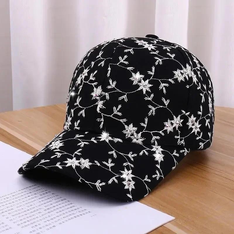Korean Crystal Baseball Cap - Floral Embroidery UV Hat, Women's Summer Rhinestone Fashion Cap