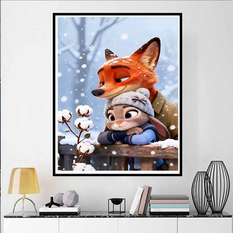 Disney 5D DIY Diamond Painting Zootopia Winter Illustration Cartoon Full Diamond Mosaic Diamond Painting Art Wall Decoration Craft Set