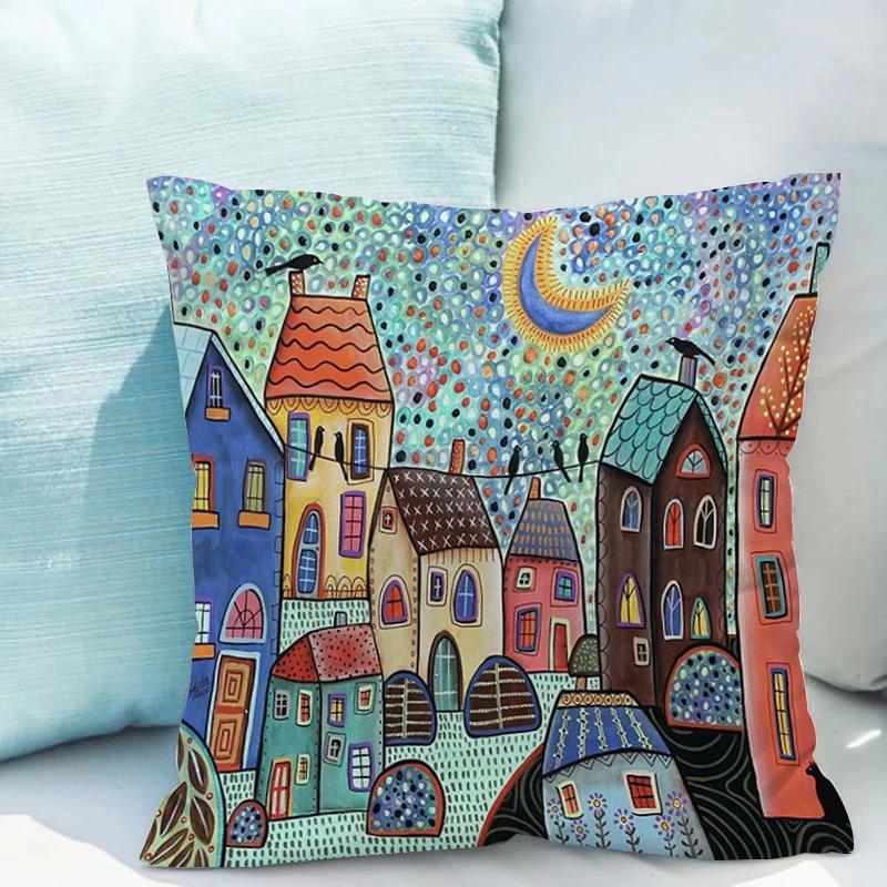 Retro Rural Color Cities Pillows Cushions 40x40 Car Double-sided Printing Room Decor Sofa Pillow Cover Cushion Short Plush Couch