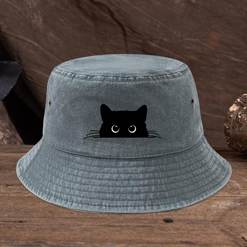 Cute black cat print pattern fisherman hat with vintage style suitable for outdoor travel for men and women