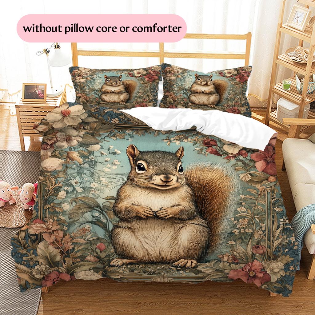 Squirrel Pattern Bedding Home Decoration Birthday Gift (1 * Duvet Cover + 2 * Pillowcase, Without Core)