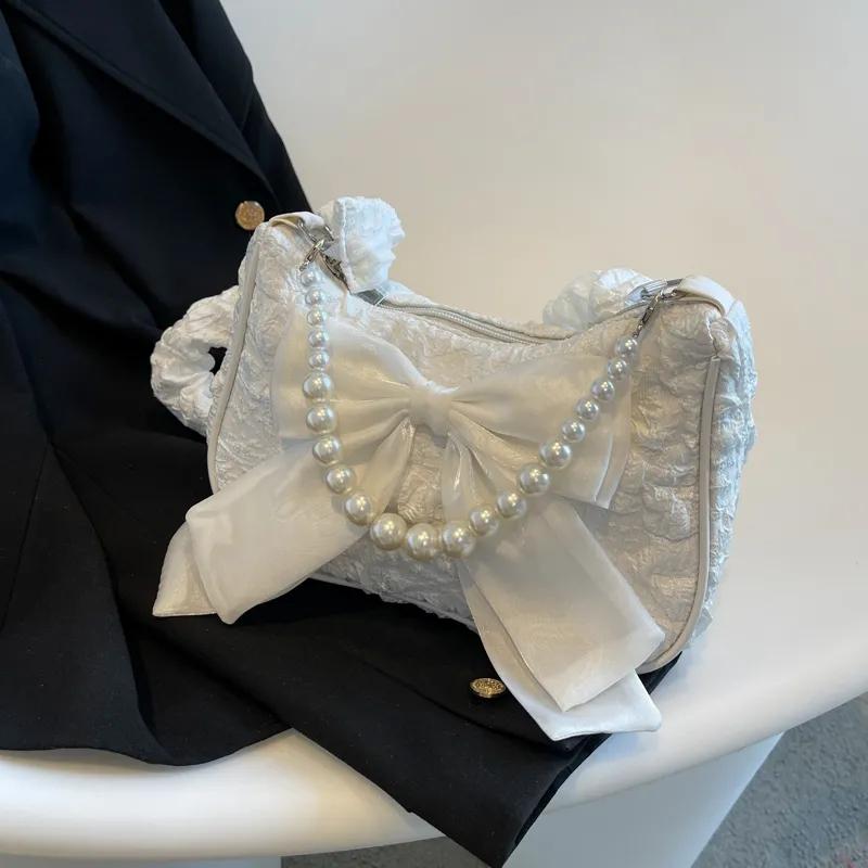 

WTEMPO жемчуг с бантом, белые, черные сумки, женские сумки большой вместимости, однотонные сумки на одно плечо, повседневные сумки через плечо для покупок 24.5*7*16.5cm белый