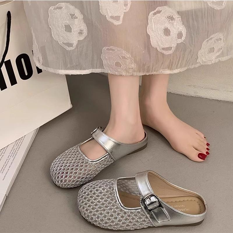French Skirt Bread 2025 New Mesh Half Tray Breathable Sandals Flat Bottom Hollow Head Half Slippers Women's Summer Wear