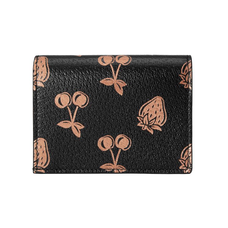 Gucci GG Marmont Series Marmont Gold Logo Berry Print Double Fold Leather Card Holder Wallet Women wallet Black 456126-1T5ZG-1170