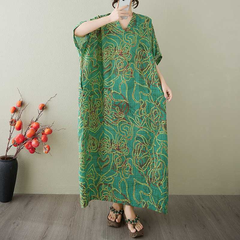 Vestido Largo Vintage para Mujer con Estampados de Algodón y Lino