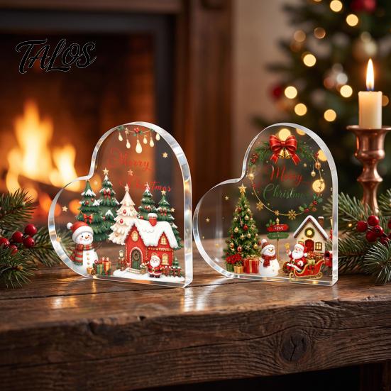 Romantic Christmas Gifts Heart Shaped Acrylic Tabletop Sign, 2D Winter Snow Scene Desktop Ornament Holiday Centerpieces with Santa, Snowman