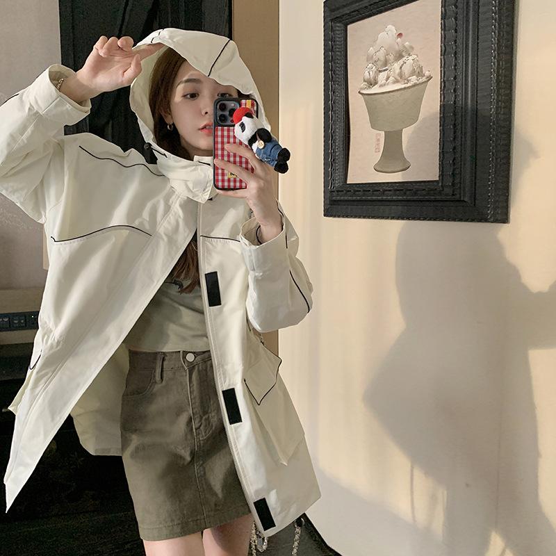 Women's Design Korean Style Loose Large Size Jacket Windbreaker Jacket For Women Hooded Velcro Coat