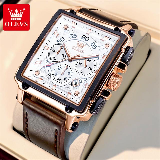 OLEVS Men's Wrist Watch Big Dial Square Quartz Watch for Men Leather Strap Waterproof Chronograph Sports Clock Relogio Masculino