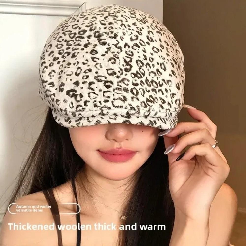 Rhinestone Leopard Print Beret Y2k Leopard Newsboy Cap Cool Painter Cap  Outdoor