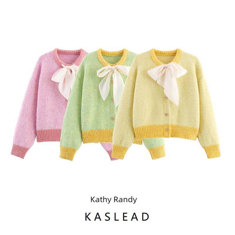 Kaslead New Women Clothes Western Style Fashion Simple Bow Decoration Knit Cardigan