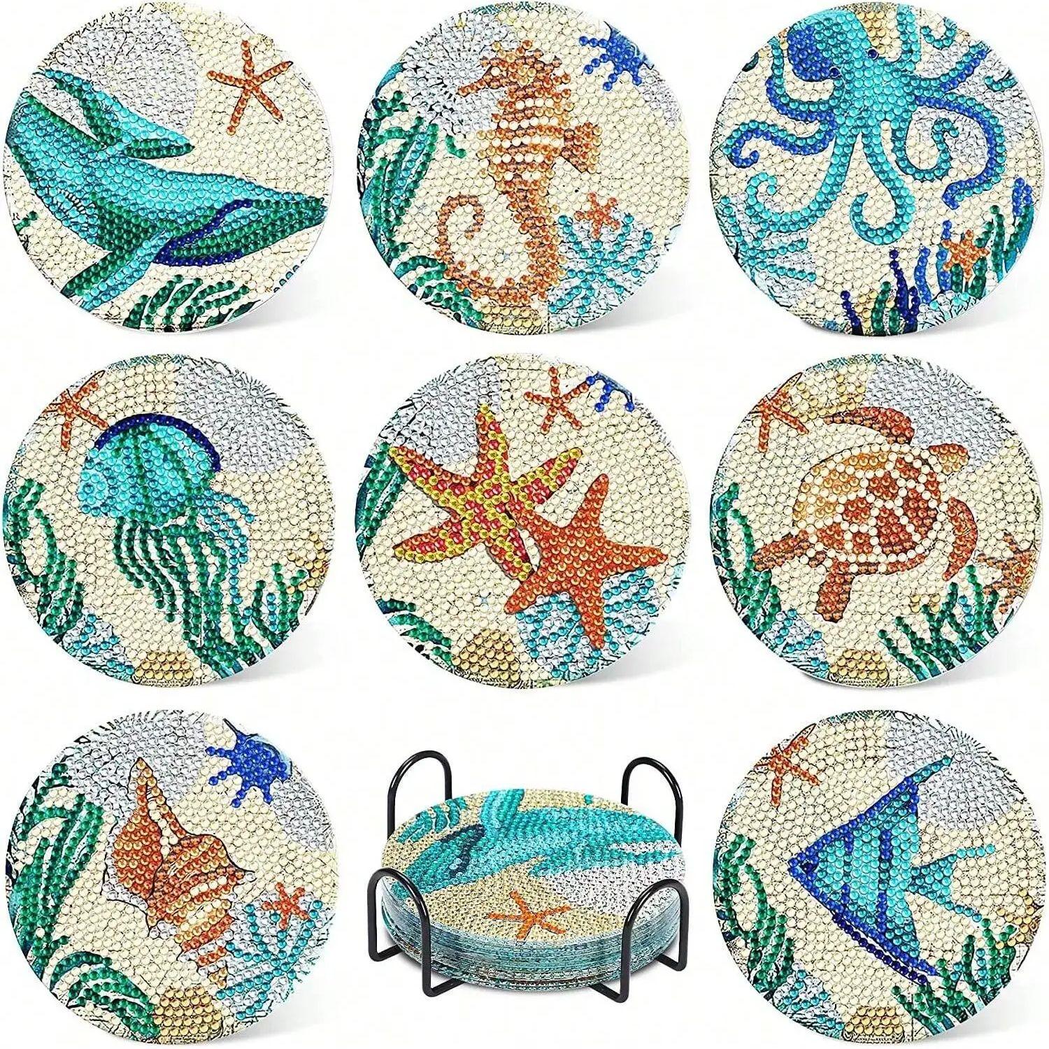 

8 Pcs Sea Creature Diamond Painting Coaster Set DIY Acrylic Coaster with Stand Diamond Painting Kits Art Craft Supplies