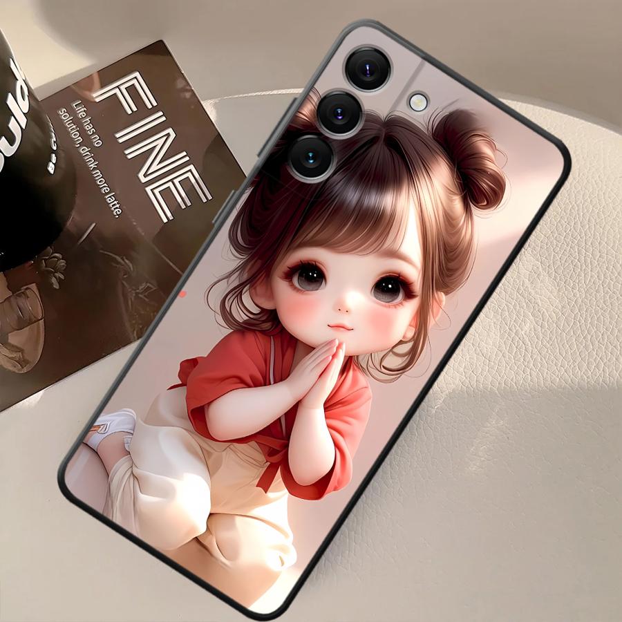 Case for Samsung Galaxy A20 A13 A06 A40 A16 A05 A10 A12 A30 A15 A17 A70 A50 A04 Black Soft Phone Cover Cartoon Girl Pattern