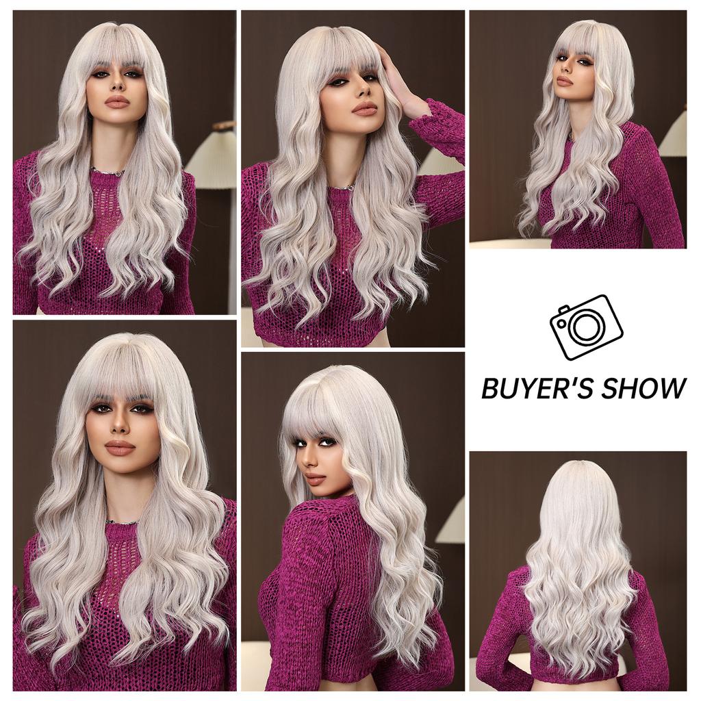Professional  White Blonde Long Wavy Synthetic Wigs with Bangs for Black Women Halloween Cosplay Party Daily Wig Natural Hair Heat Resistant