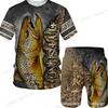 New Men's Short Sleeve Shorts Set Fashion 3D Digital Fish Printing Men's Beach Casual Set