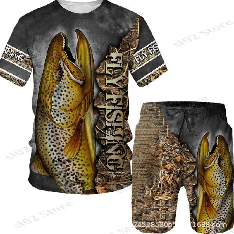 New Men's Short Sleeve Shorts Set Fashion 3D Digital Fish Printing Men's Beach Casual Set