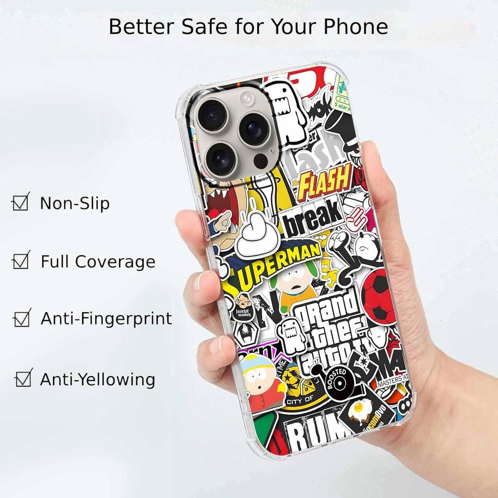 for iPhone 16 Pro Max Case with Pop Culture Design,Aesthetic Cartoon Pop-Art Sticker Bomb Collage Pattern Case for Men Women,Clear Slim Soft TPU