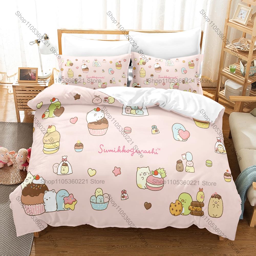 Sumikkogurashi Printed Bedding Set, Duvet Cover plus 2 Pillowcases, Adorable Cartoon Style Soft Microfiber Textiles