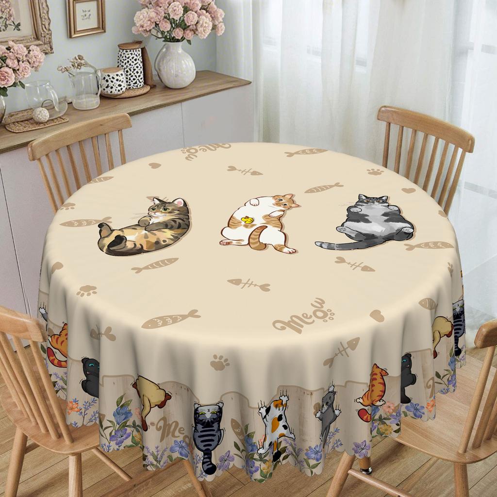Cat-Themed Round/Rectangular Tablecloth, Cute Kitten And Paw Print Design, Suitable For Family Dining Tables