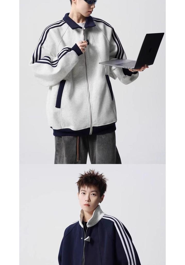 Unisex American Color Block Striped Hoodie, Heavyweight Baseball Jacket-Style Cardigan for Spring/Autumn