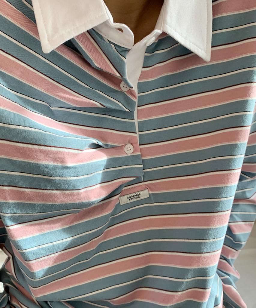 RONRON Double Shirring Stripe Collar Long Sleeve Pink