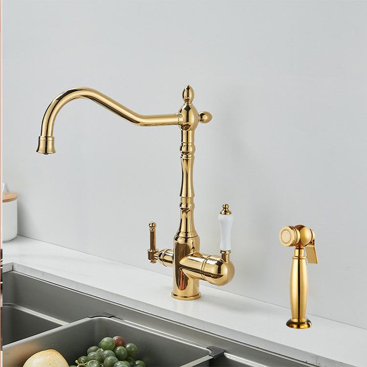 Antique Gold All-Copper 3-in-1 Kitchen Faucet: Hot/Cold Water for Sink & Vegetable Wash Basin, Splash-Proof Design