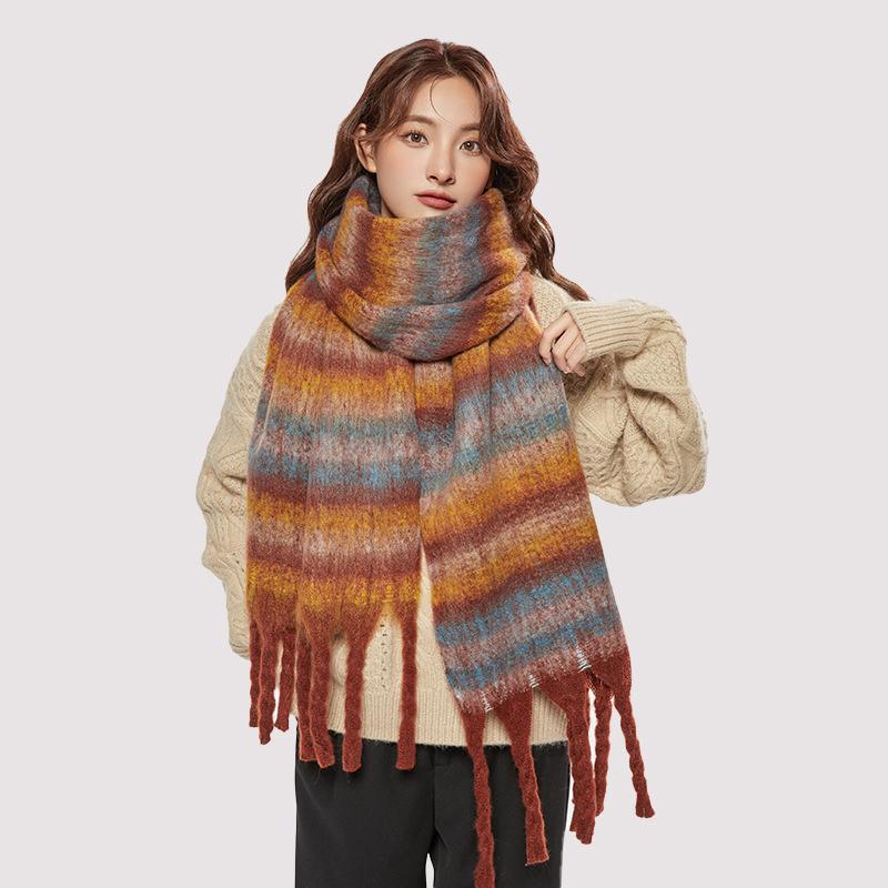 Winter New Mohair Striped Women Scarf Girls Female Warm Thickened Long Scarves Soft Coarse Braid Tassel Shawl Retro Wrap Shawls