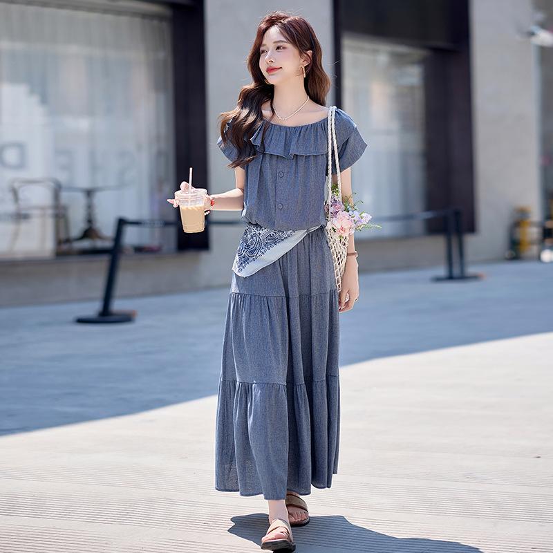 

Летний красивый костюм женский новый свободный топ с оборкой на плечо и юбка комплект из двух предметов XL