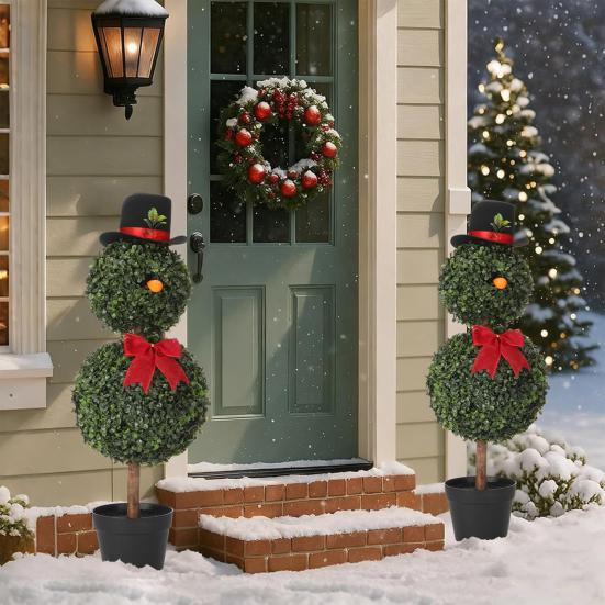 60/85CM Noel Kardan Adam Topiary Ağacı Kardan Adam Şekilli Yapay Topiary Kırmızı Fiyonk Üst Şapkalı İç Mekan Dış Mekan Bahçe Sundurma Dekorasyonu