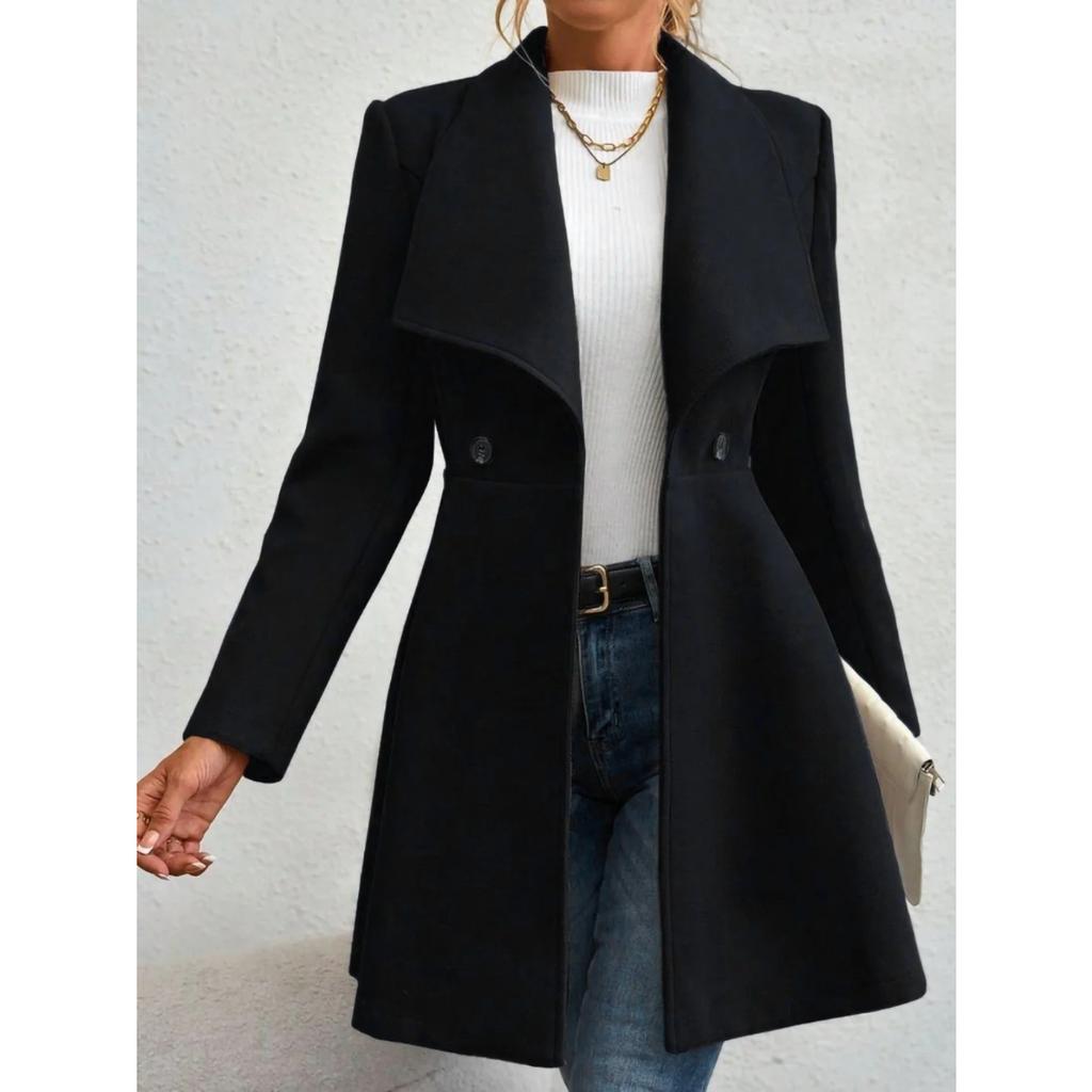 Autumn Winter Women's Notched Lapel Wool Coat, Double-Breasted Trench Style Overcoat with Solid Color Design, Elegant Outerwear for Office & Commute