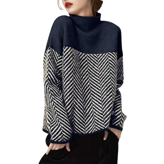 Suéter de mujer de cuello medio alto, manga larga, con bloques de color, corte holgado, tejido de punto, suéter grueso y cálido para otoño e invierno