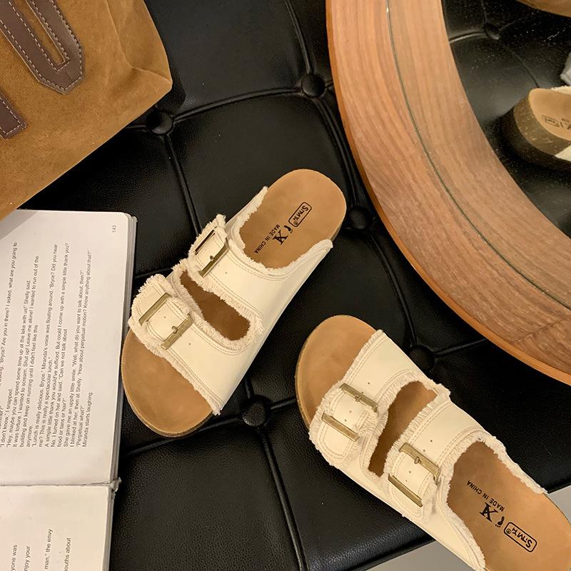 Cowhide Version Thick-soled One-word Boken Slippers for Women To Wear 2025 Summer New Models, Seaside Beach Lazy Cool Slippers