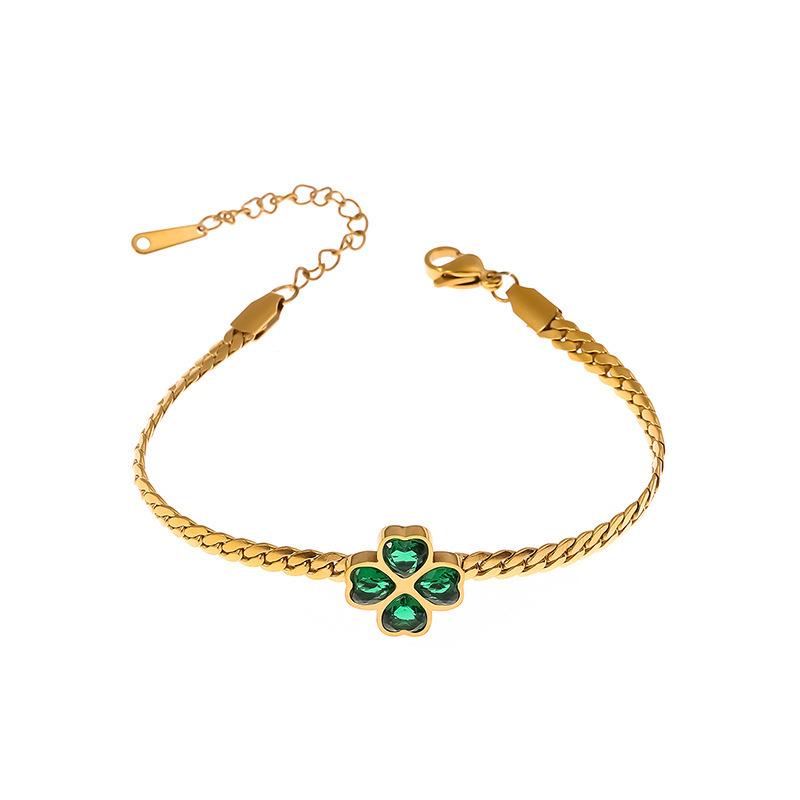 Emerald Four-Leaf Clover Zircon Bracelet & Clavicle Necklace with Titanium Steel Earrings for Women - Fade-Resistant