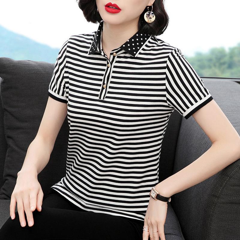 Fashion Basic Striped Blouse Female Clothing Polka Dot Turn-down Collar Spliced Summer Short Sleeve Casual Korean Button Shirt