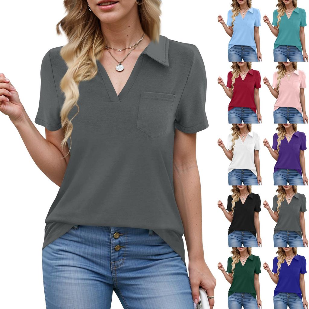 Camisas de mujer de verano para negocios, informales, de trabajo, de manga corta, con botones y cuello en V, blusa, camiseta