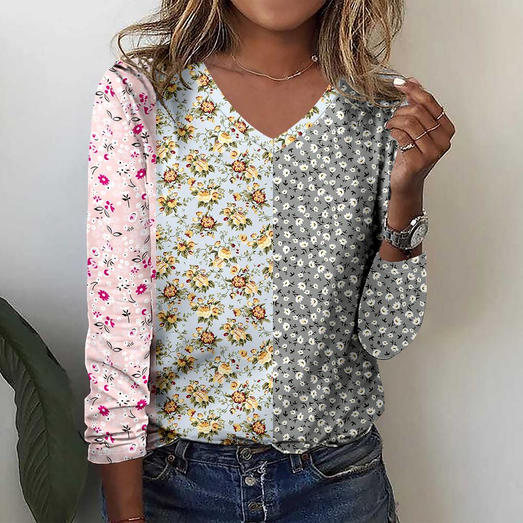 Halloween Fashion Geometric Pattern 3D Print  V-Neck Long Sleeve T-Shirt Casual Top Polyester Breathable Women's Apparel Tops