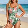 Women Swimsuit Floral Print with Adjustable Side Ties Scoop Neck Bathing Suit for Swimming Pool Beach Sports