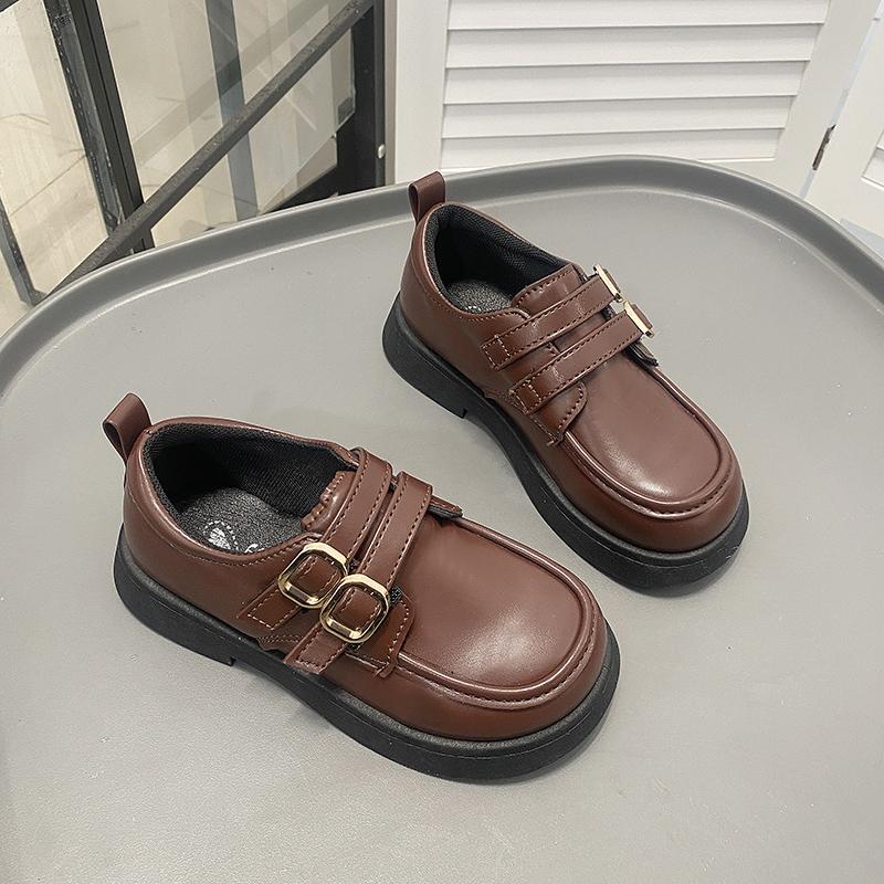 Students Leather Shoes British Style Retro Kids Flat Shoes Double Hook&loop 2025 New Children Uniform Shoes Non-slip Soft Sole