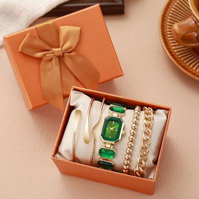 Neues Vintage minimalistisches Smaragdgrün Designgefühl Luxus Fortgeschrittenes Gefühl Modetrend Damenarmbanduhr Fünfteiliges Set