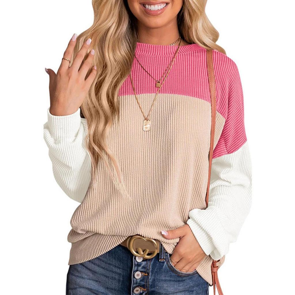 New Color Block Casual Loose Pullover Sweatshirt T-shirt for Women, European American Style Crossbody Women's Top