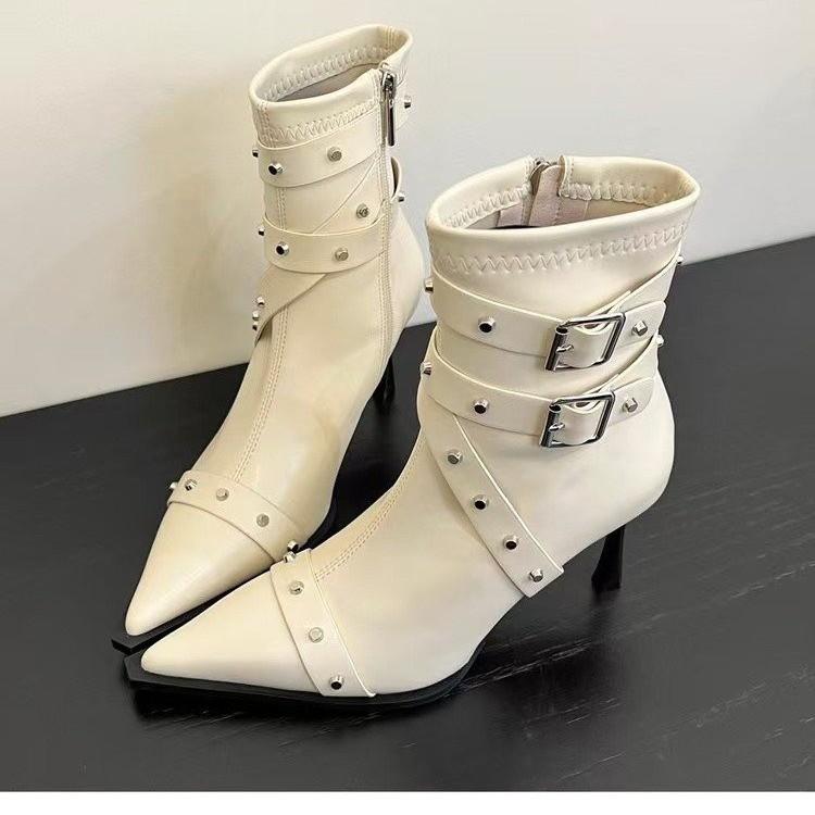 Rivet belt buckle pointed high-heeled short boots women's 2025 autumn new fashionable versatile soft leather single boots