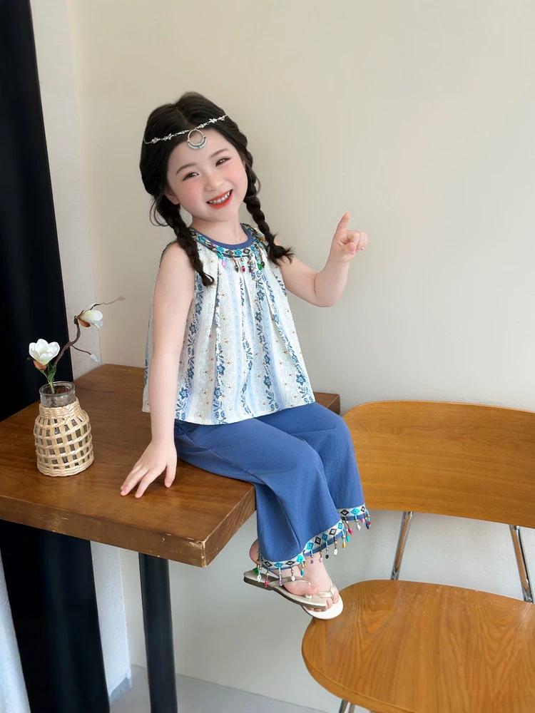 2026 Bohemian Summer Outfit for Girls: Sleeveless Vest & Wide-Leg Pants Set (Small/Medium)