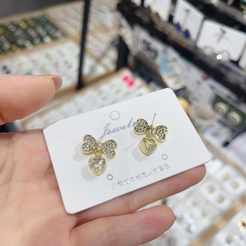 Romantic Rhinestones Heart Dangle Earrings for Women Sweet Crystal Bow Knot Drop Earrings Wedding Party Cute Elegant Jewelry