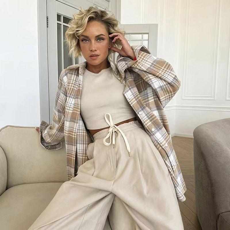 

European and American New Retro Fashion Plaid Shirts Long sleeve Lapel Shirt Loose Plaid Lapel Shirt Plaid S