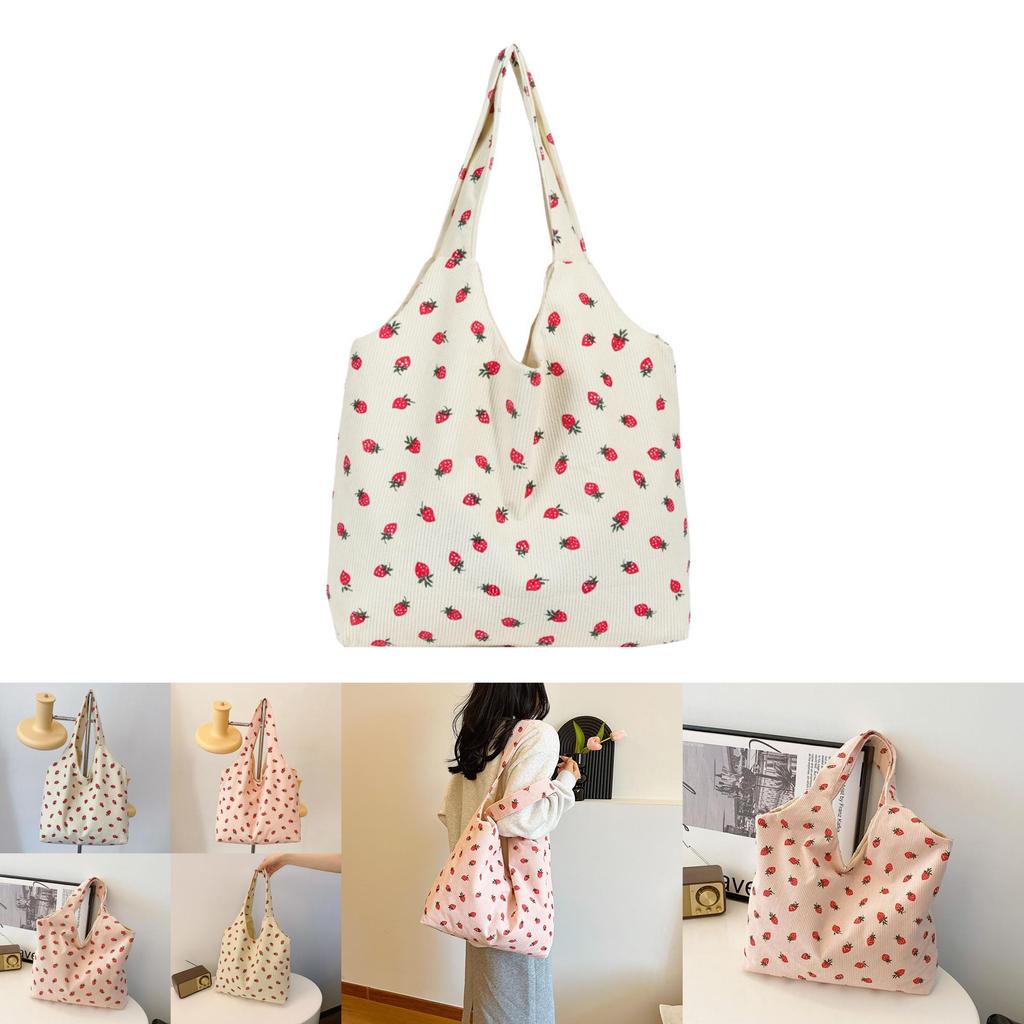 Trendy 2024 Canvas Strawberry Tote Bag Fashionable Soft Shoulder Bag For Women